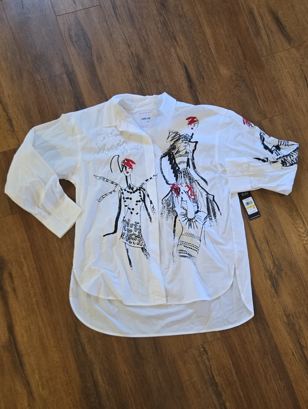 NWT Karl Lagerfeld White Graphic Button-Up Size M - Picture 2 of 5